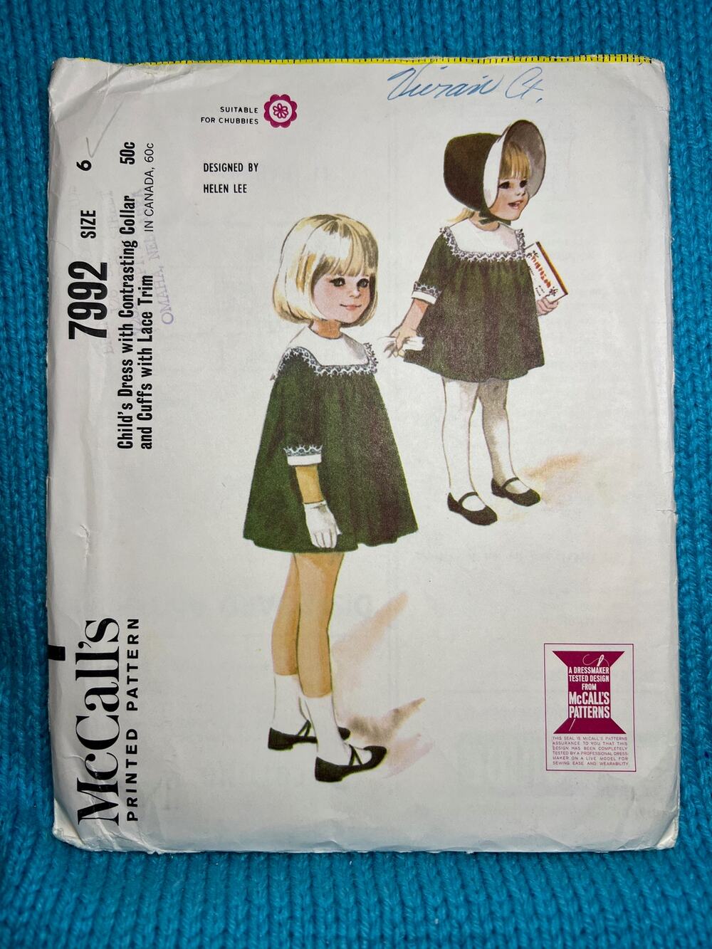 McCalls 7992 Sewing pattern girls dress A line lace collar cuffs 1960s Size 6